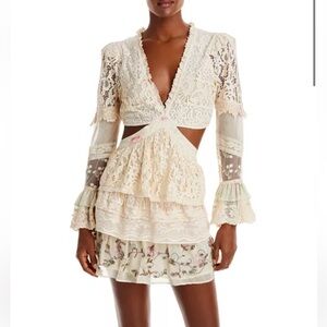 LoveShackFancy Cream Lace Tiered Mini Dress with Floral Embroidery